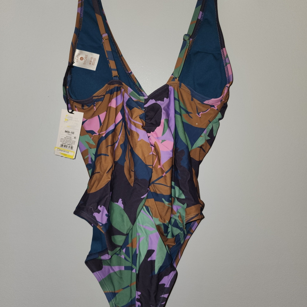 Tropical Print One-Piece Swimsuit - Navy Base with Green & Orange Leaves - Picture 4 of 4